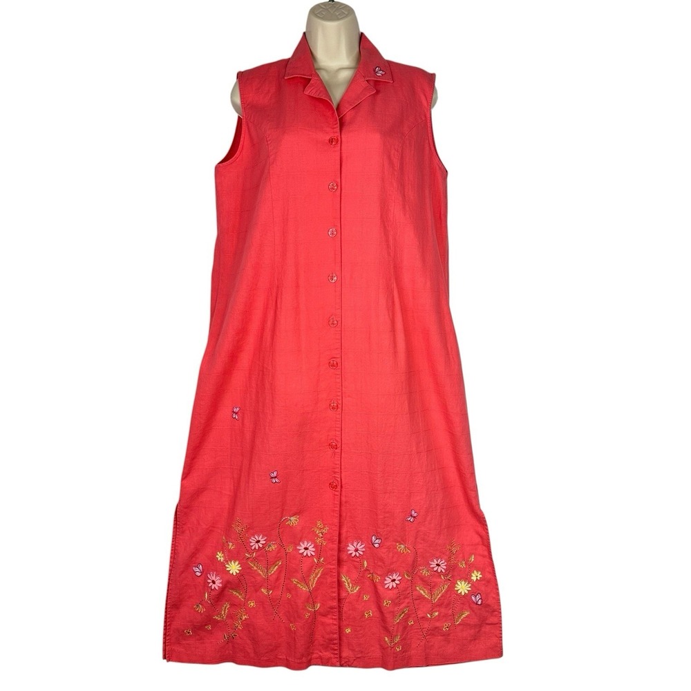 Erika Linen Blend Sleeveless Shirt Dress Womens L Coral‎ Embroidered Floral Midi